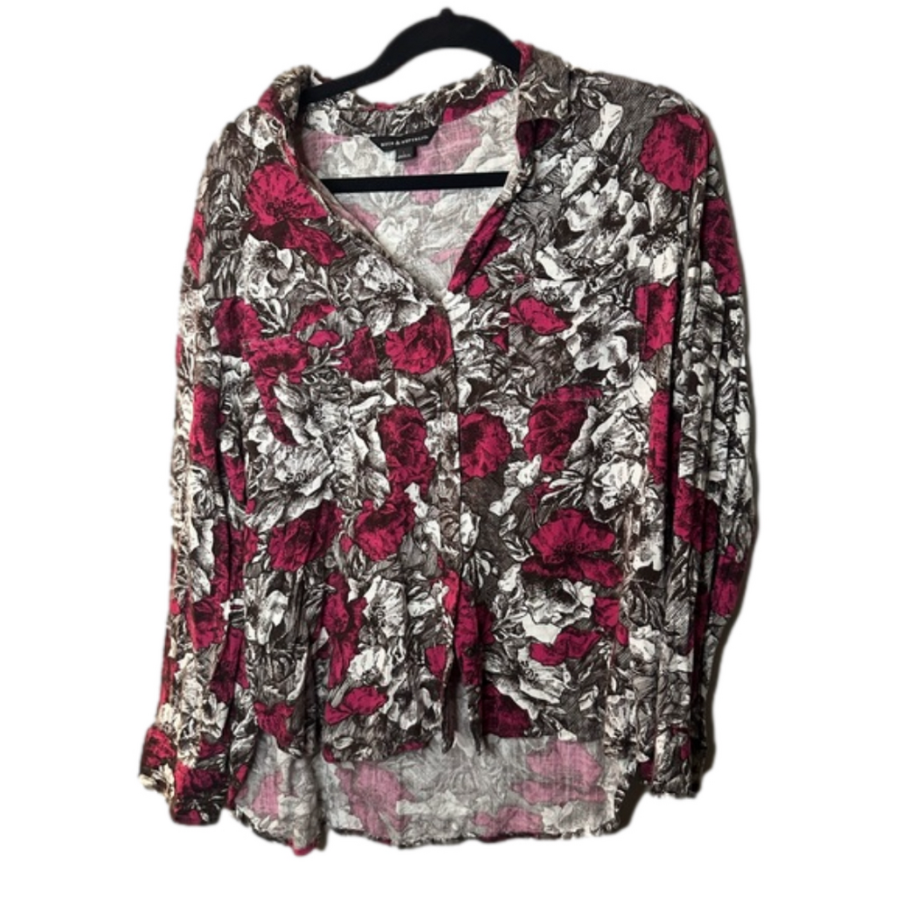 Large Women's floral roses button down top black pink white
